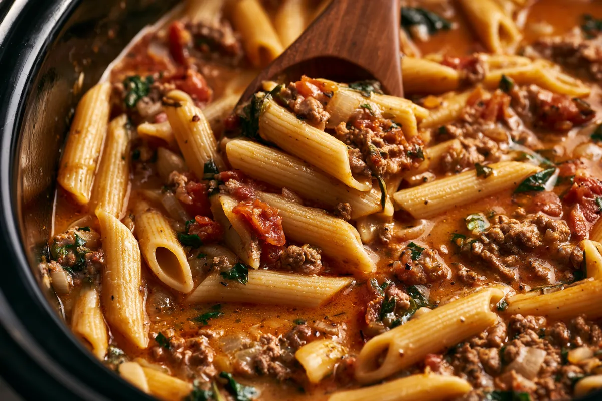Creamy Crockpot Pasta Recipes Ground Beef Dinners with Spinach 3 Close-up of crockpot pasta recipes ground beef dinners midway through cooking, showing tender penne and browned ground beef in seasoned broth being stirred with a wooden spoon inside the slow cooker