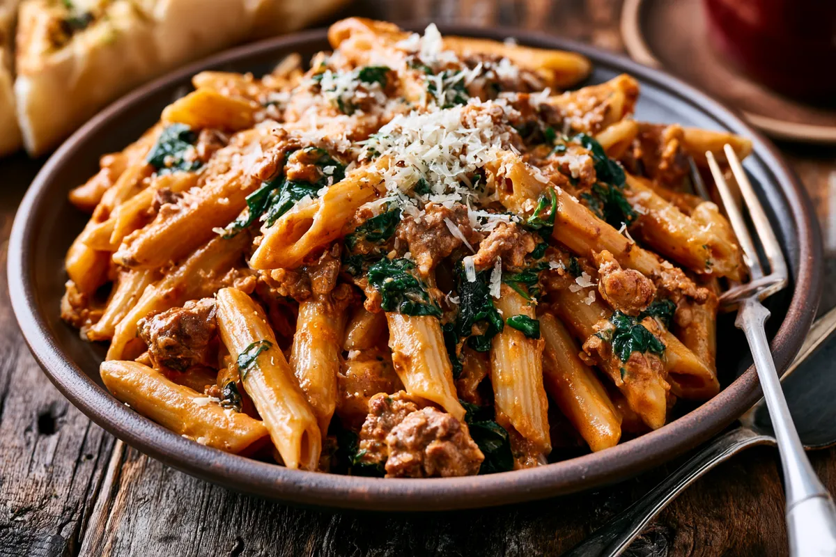 Creamy Crockpot Pasta Recipes Ground Beef Dinners with Spinach 4 Plated serving of crockpot pasta recipes ground beef dinners on a rustic dinner table, creamy penne with browned ground beef and wilted spinach topped with Parmesan, alongside garlic bread and a serving spoon