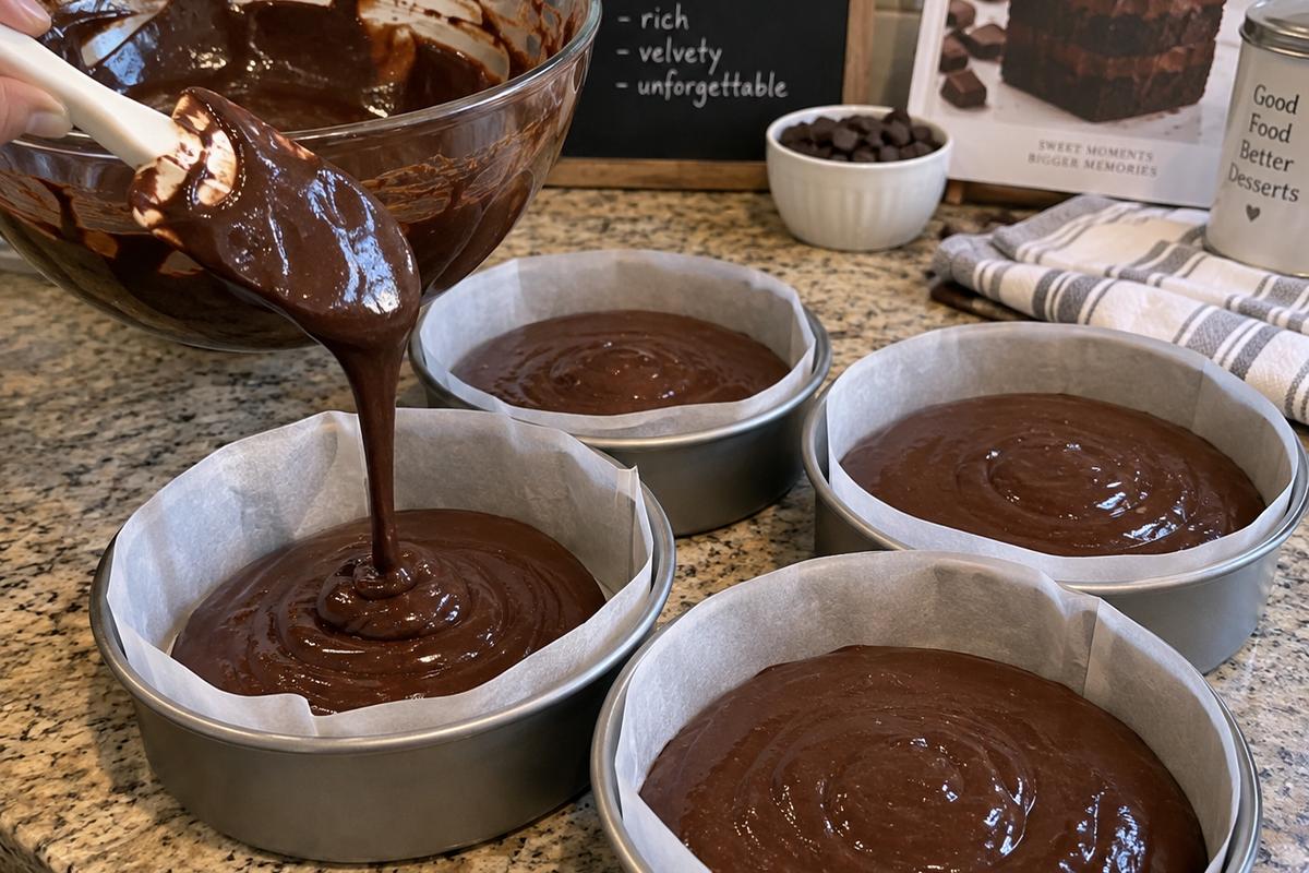 Dark Chocolate Dessert Recipes: Dark Chocolate Mousse Cake 2 Dark chocolate dessert recipes in progress, showing shiny thin cocoa cake batter being divided evenly among four parchment-lined round cake pans on a home kitchen counter