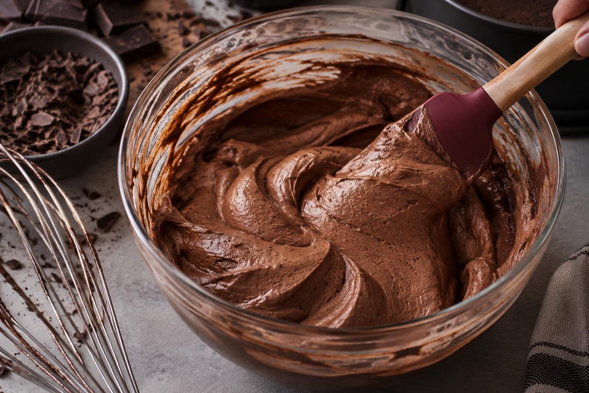 Dark Chocolate Dessert Recipes: Dark Chocolate Mousse Cake 3 Dark chocolate dessert recipes in progress, showing airy dark chocolate mousse being folded with a silicone spatula in a glass bowl, with soft chocolate waves and a whisk beside it