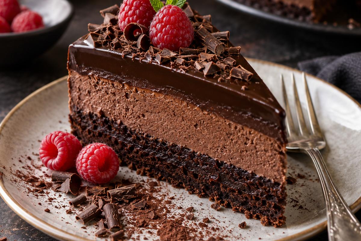 Dark Chocolate Dessert Recipes: Dark Chocolate Mousse Cake 4 Dark chocolate dessert recipes served as an elegant plated slice of dark chocolate mousse cake with distinct cocoa layers, glossy ganache, fresh raspberries, chocolate shavings, and a dessert fork