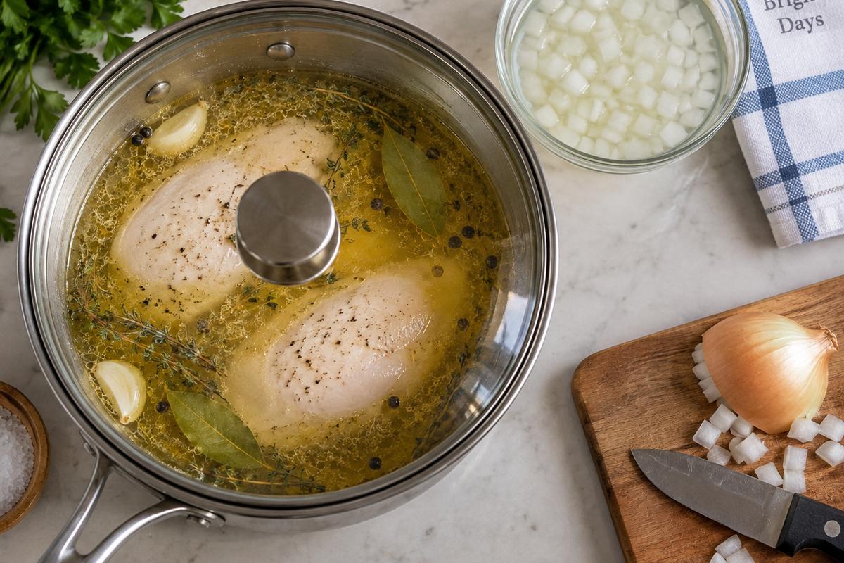 Creamy Deli Chicken Salad Recipe 2 A top-down kitchen view of deli chicken salad recipe in progress, with chicken breasts gently poaching in golden seasoned broth in a covered saucepan and a small bowl of diced onion soaking nearby