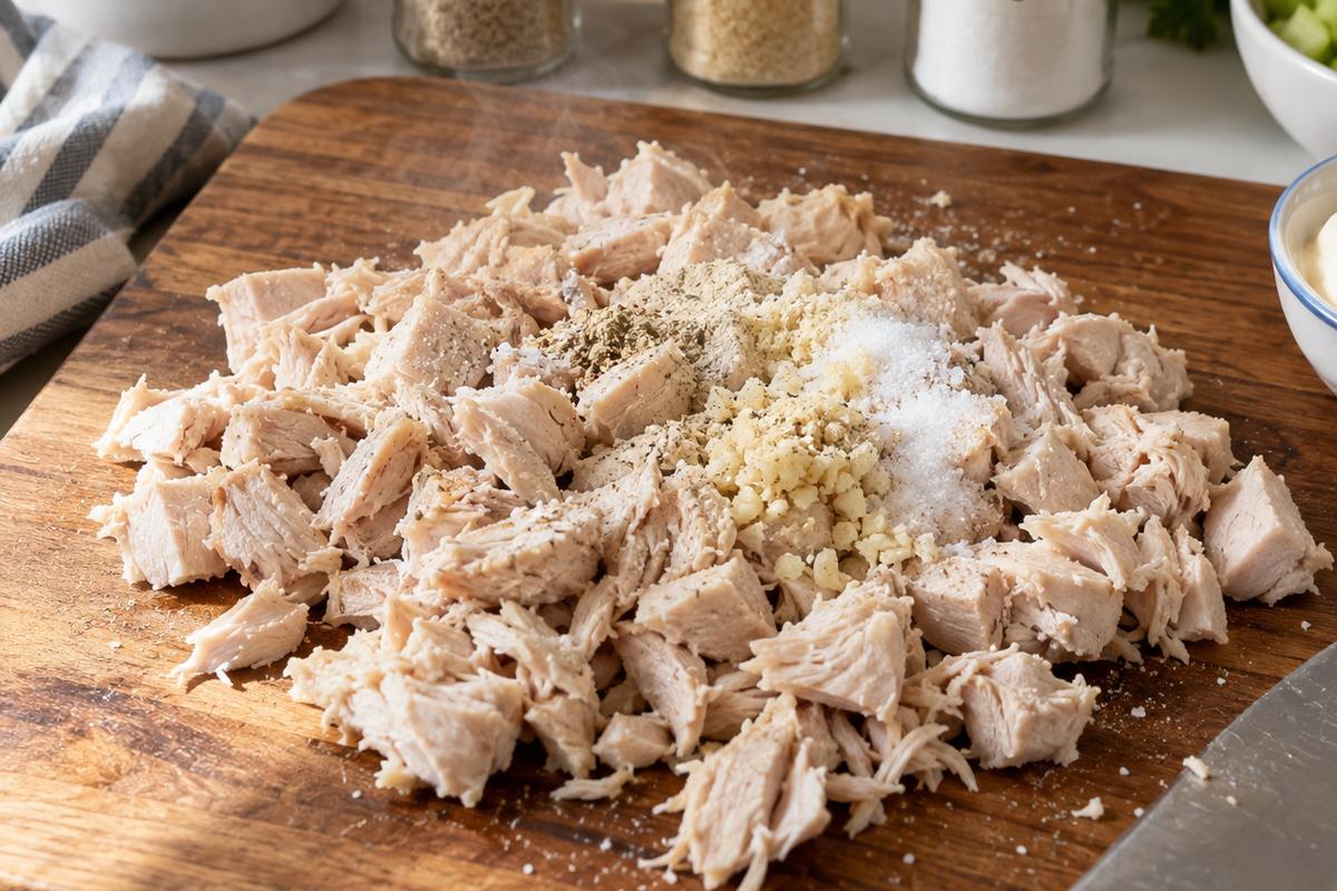 Creamy Deli Chicken Salad Recipe 3 A close kitchen prep scene for deli chicken salad recipe, showing chopped warm poached chicken spread across a wooden cutting board and dusted with salt, white pepper, garlic, and sugar