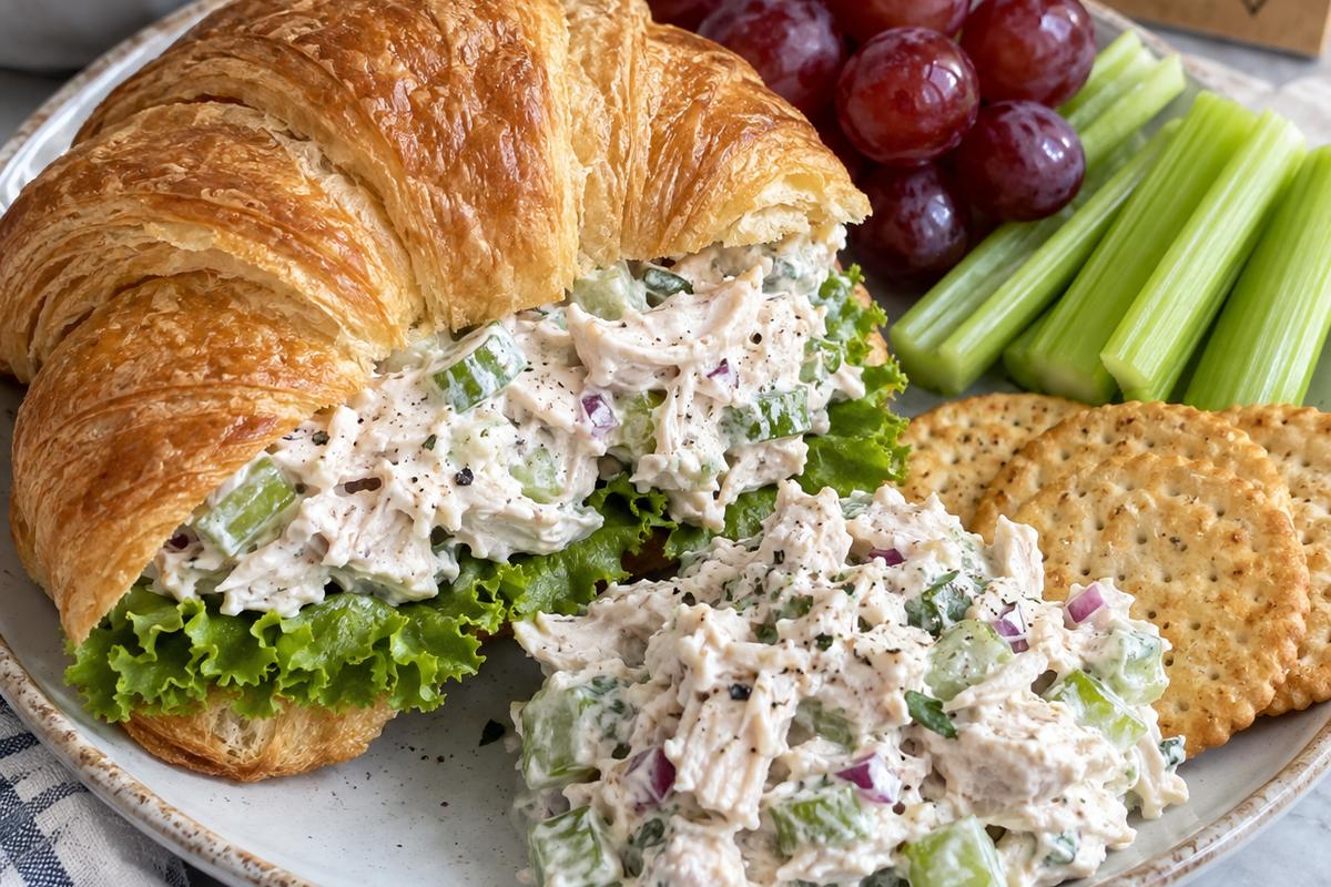 Creamy Deli Chicken Salad Recipe 4 A deli chicken salad recipe served on a flaky croissant sandwich with lettuce on a ceramic plate, with a scoop of extra creamy chicken salad, crackers, celery sticks, and grapes arranged for lunch