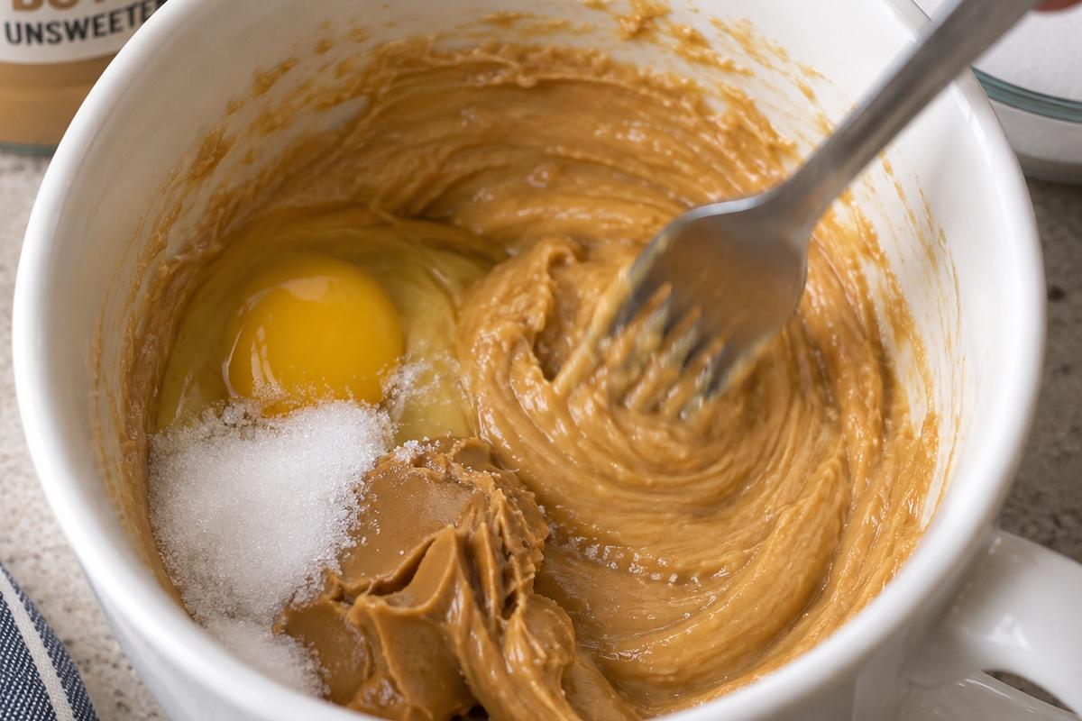 Close-up of a fork whisking egg, unsweetened peanut butter, and white sugar into a smooth tan batter inside a large microwave-safe mug for dessert recipes 3 ingredients
