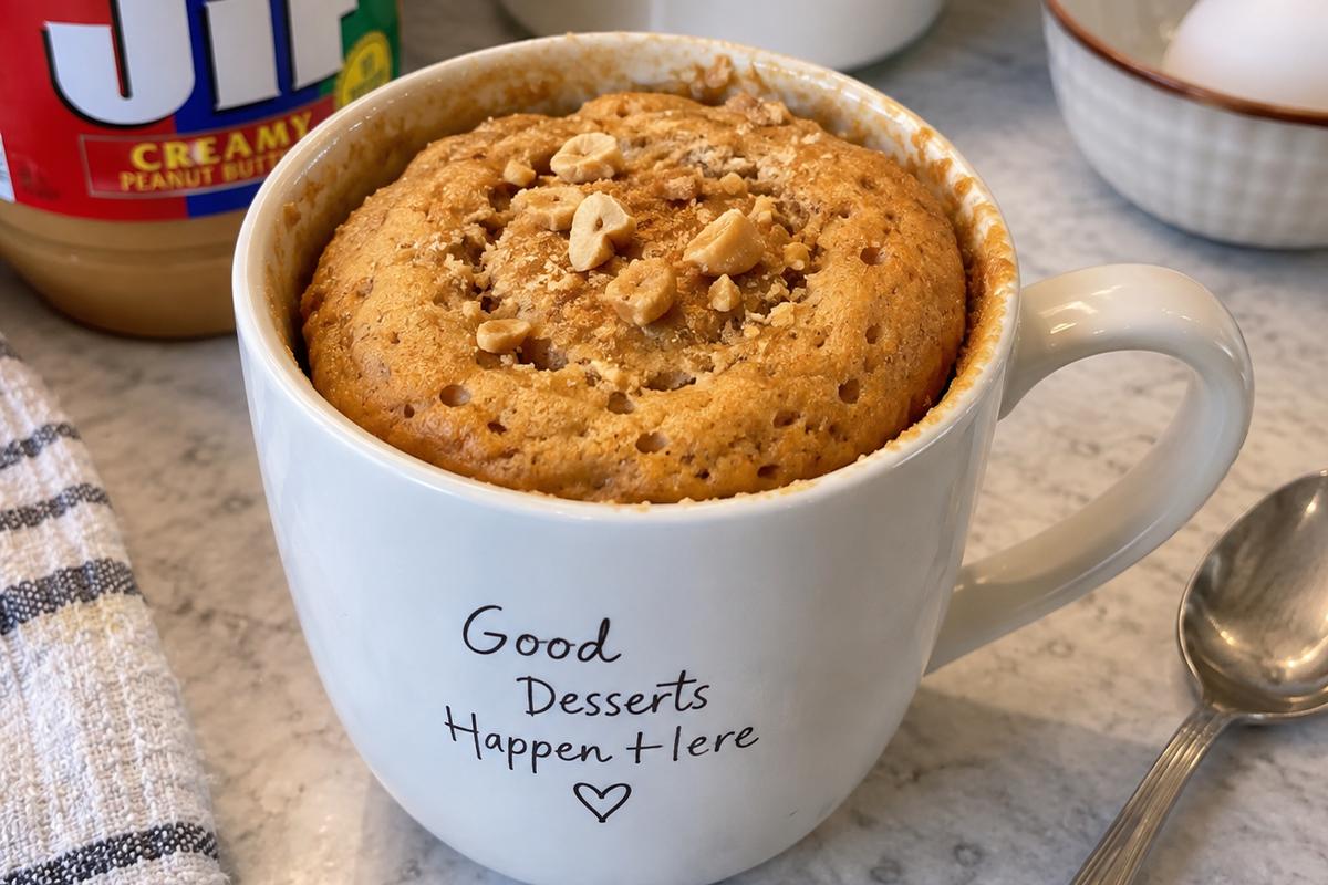 Freshly microwaved 3 ingredient peanut butter mug cake for dessert recipes 3 ingredients resting in its mug, with a puffed golden surface and a small spoon on the counter
