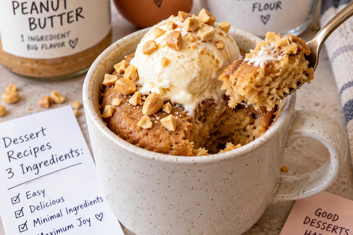 A spoon lifting a bite from a warm 3 ingredient peanut butter mug cake topped with vanilla ice cream and chopped peanuts, clearly styled as dessert recipes 3 ingredients