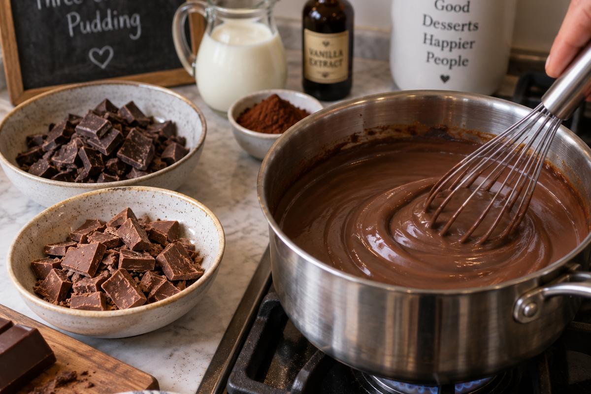 Dessert Recipes Chocolate Pudding: Silky Three-Chocolate Pudding 2 Dessert recipes chocolate pudding at the cooking stage, showing a saucepan of smooth chocolate cocoa mixture being whisked on a stovetop, with chopped dark and milk chocolate in small bowls beside it