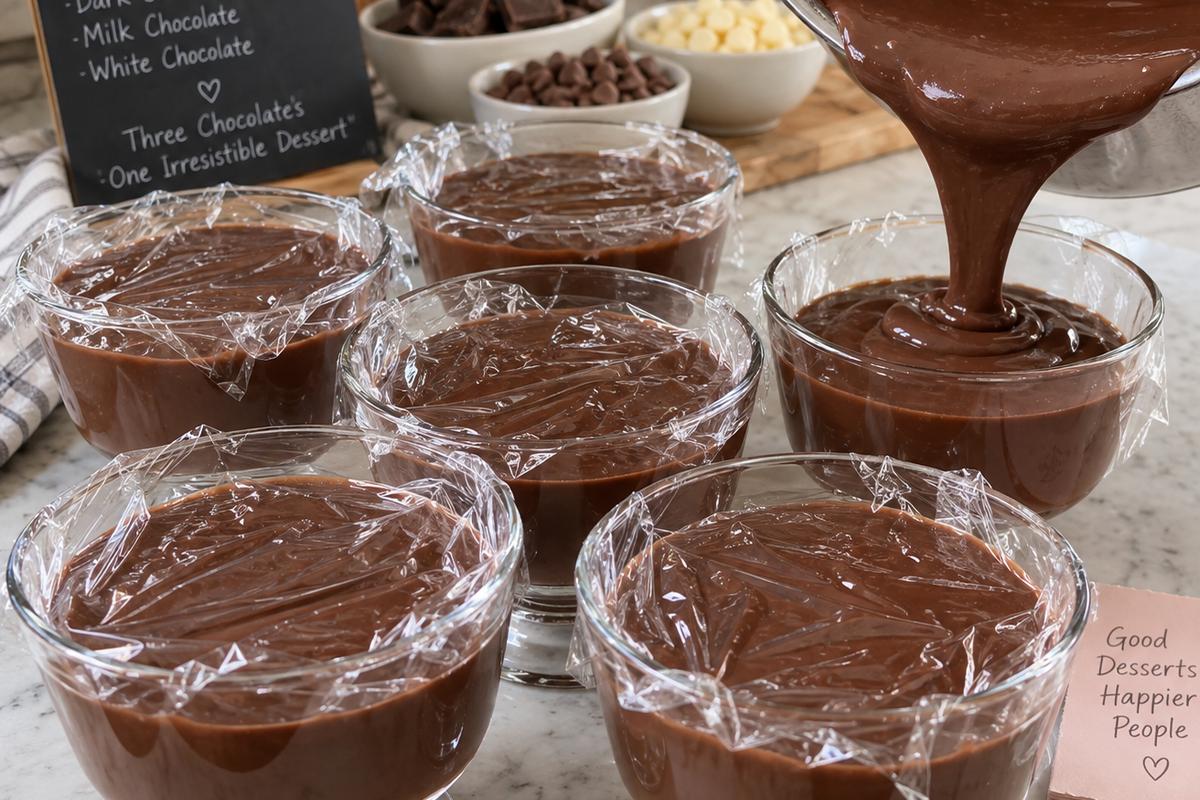 Dessert Recipes Chocolate Pudding: Silky Three-Chocolate Pudding 3 Dessert recipes chocolate pudding being portioned into six clear glass dessert cups, with thick glossy chocolate pudding flowing from a saucepan and plastic wrap touching the surface of the filled cups