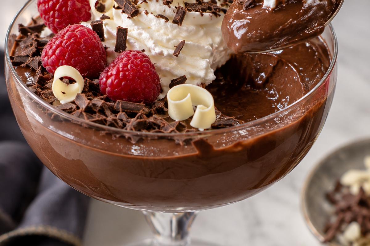 Dessert Recipes Chocolate Pudding: Silky Three-Chocolate Pudding 4 Dessert recipes chocolate pudding plated for serving in a glass coupe, topped with whipped cream, white chocolate curls, dark chocolate shavings, raspberries, and a spoon lifting one silky bite