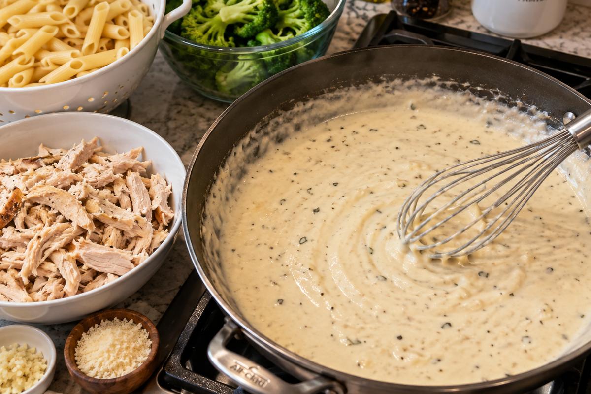 Creamy Chicken Broccoli Pasta Bake | Dinner Recipes for Family 2 A close overhead view of dinner recipes for family in progress: a large skillet holding glossy creamy garlic sauce being whisked smooth on a stovetop, with cooked penne, broccoli florets, and shredded chicken prepared beside it, realistic cooking photography