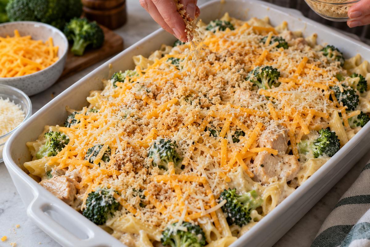 Creamy Chicken Broccoli Pasta Bake | Dinner Recipes for Family 3 A dinner recipes for family chicken broccoli pasta bake assembled in a rectangular casserole dish before baking, creamy penne and broccoli covered with an even layer of cheddar, Parmesan, and panko crumbs, hands sprinkling the topping, realistic food photography