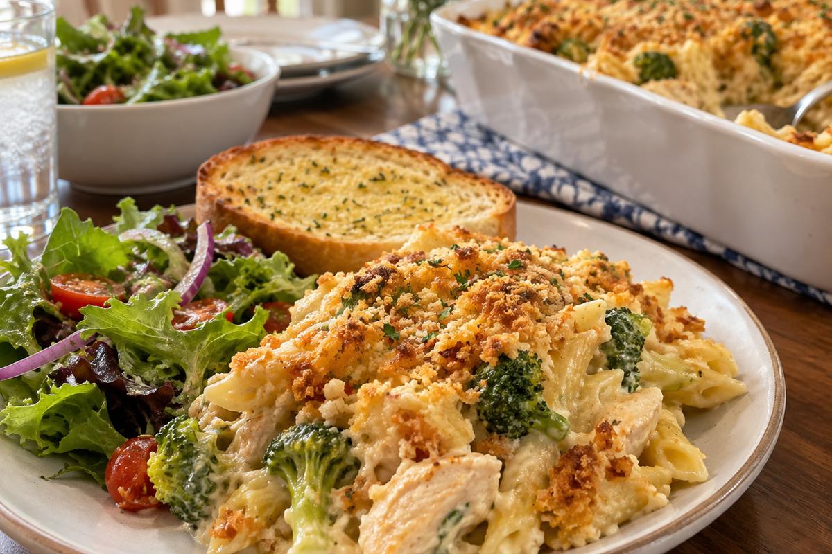 Creamy Chicken Broccoli Pasta Bake | Dinner Recipes for Family 4 A cozy family dinner table serving dinner recipes for family: a plated scoop of creamy chicken broccoli pasta bake with golden crunchy topping, green salad and garlic bread alongside, a serving casserole in the background, realistic natural light food photography