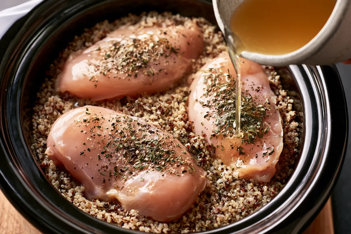 Dinner recipes healthy crockpot meal ideas showing raw chicken breasts resting over rinsed quinoa in a slow cooker as lemon garlic herb broth is poured in, overhead cooking preparation view