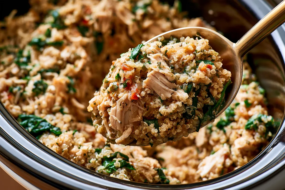 Dinner recipes healthy crockpot meal ideas showing shredded lemon herb chicken being folded into fluffy quinoa and just-wilted spinach inside the slow cooker, close-up serving spoon view