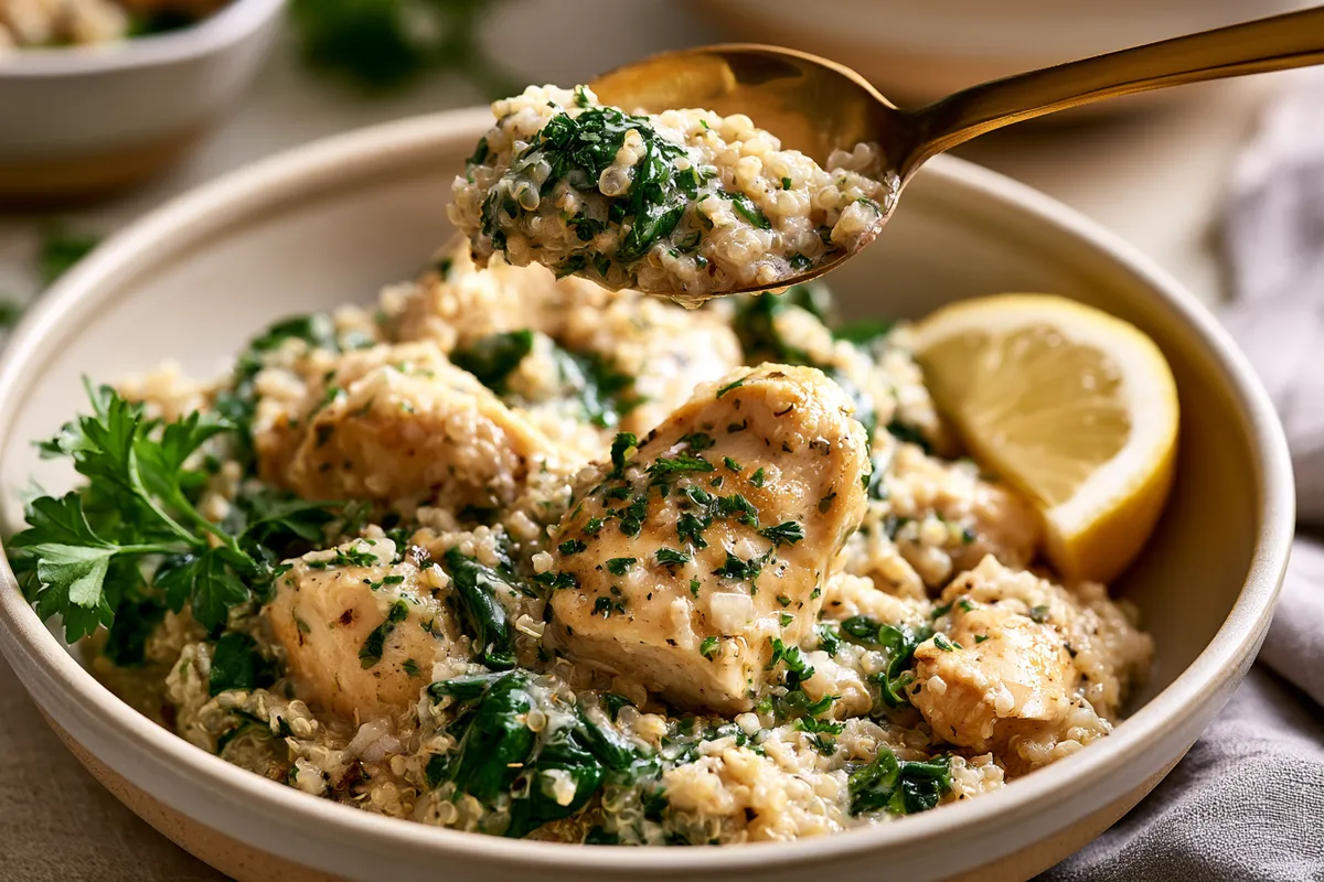 Dinner recipes healthy crockpot meal ideas plated as a generous bowl of lemon chicken quinoa with spinach, parsley, lemon wedge, and a spoon lifting a serving, cozy weeknight dinner table