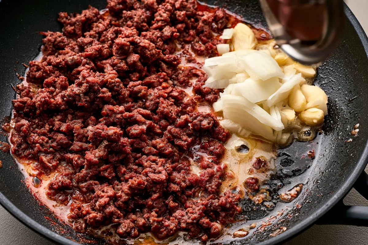 Dinner Recipes Pasta Ground Beef: Creamy Penne 2 Ground beef browned into small crumbles beside softened onion and garlic melting in butter in a large skillet, an in-progress view of dinner recipes pasta ground beef