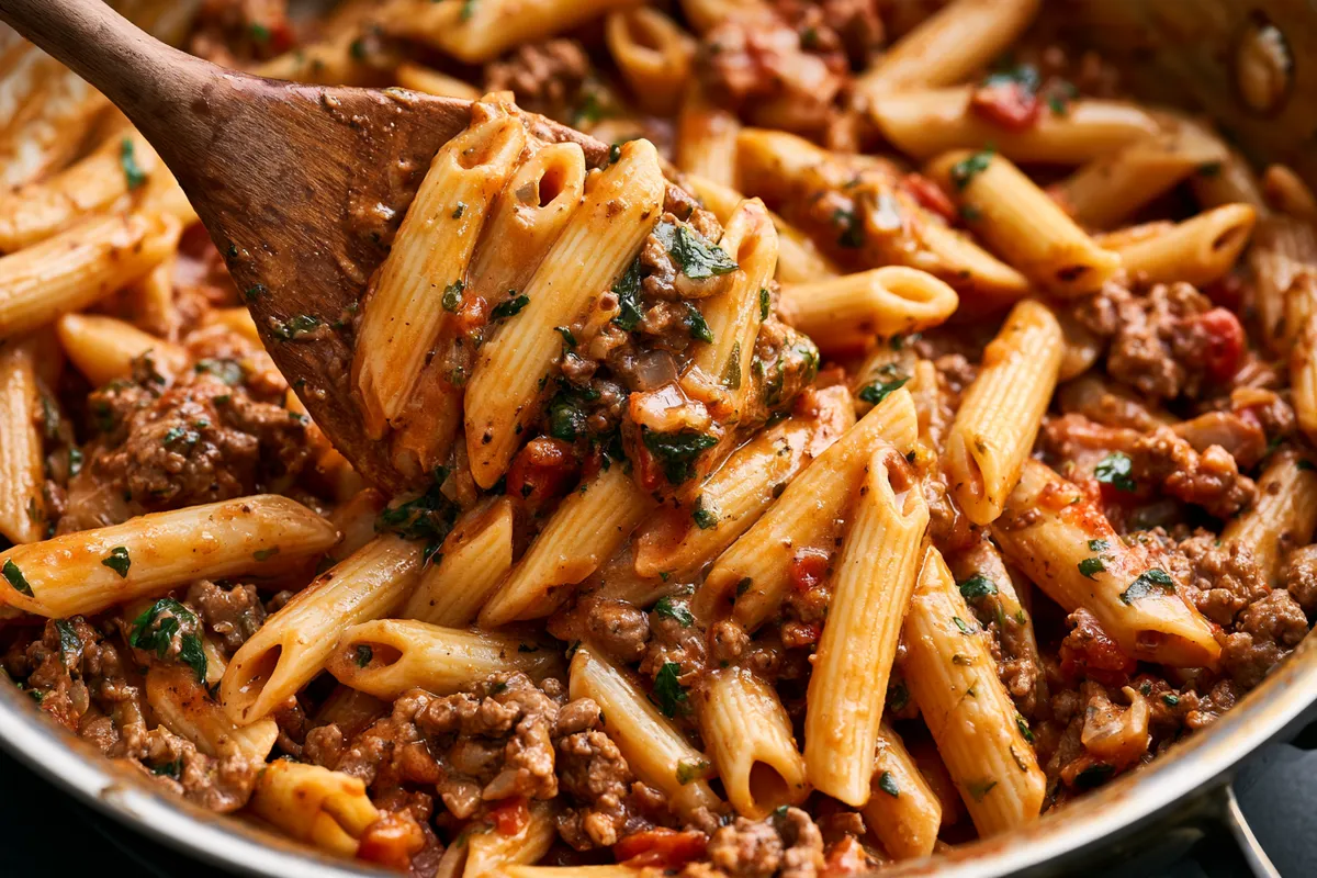 Dinner Recipes Pasta Ground Beef: Creamy Penne 3 A wooden spoon tossing penne and browned ground beef through glossy creamy garlic sauce in a skillet, clearly showing dinner recipes pasta ground beef nearly ready to serve