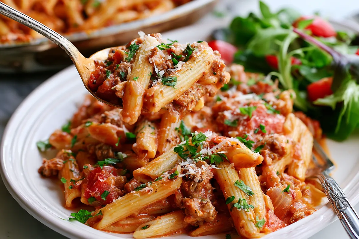 Dinner Recipes Pasta Ground Beef: Creamy Penne 4 Creamy ground beef penne pasta being spooned from a skillet onto a white dinner plate with Parmesan, parsley, and a simple green salad beside it, clearly depicting dinner recipes pasta ground beef