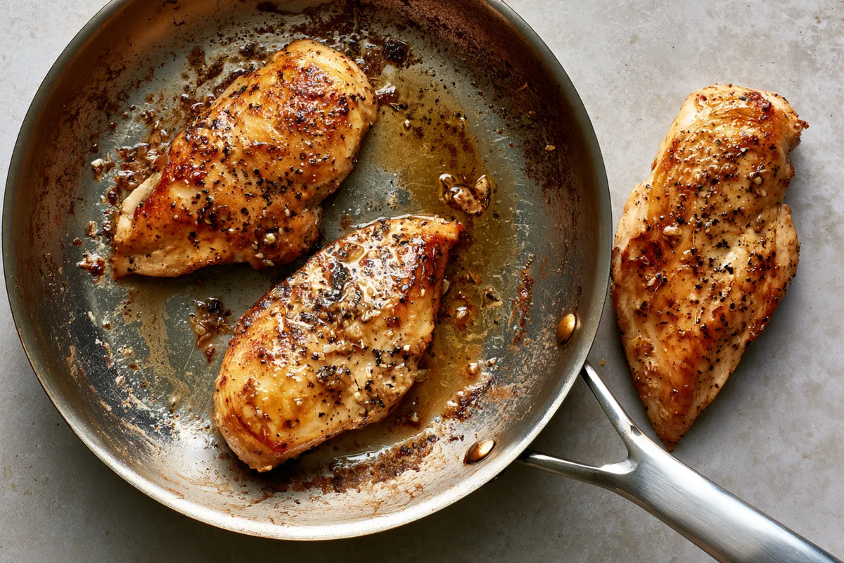 Creamy Garlic Alfredo Chicken Pasta Recipe 2 A skillet view of garlic alfredo chicken pasta preparation, showing two golden honey-soy garlic chicken breasts resting beside the skillet after searing, with browned buttery bits in the pan