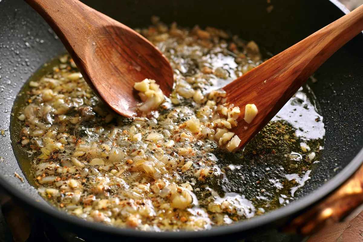 Creamy Garlic Alfredo Chicken Pasta Recipe 3 A close skillet view of garlic alfredo chicken pasta sauce in progress, with minced garlic and shallot sizzling in olive oil among browned chicken drippings, ready for cream