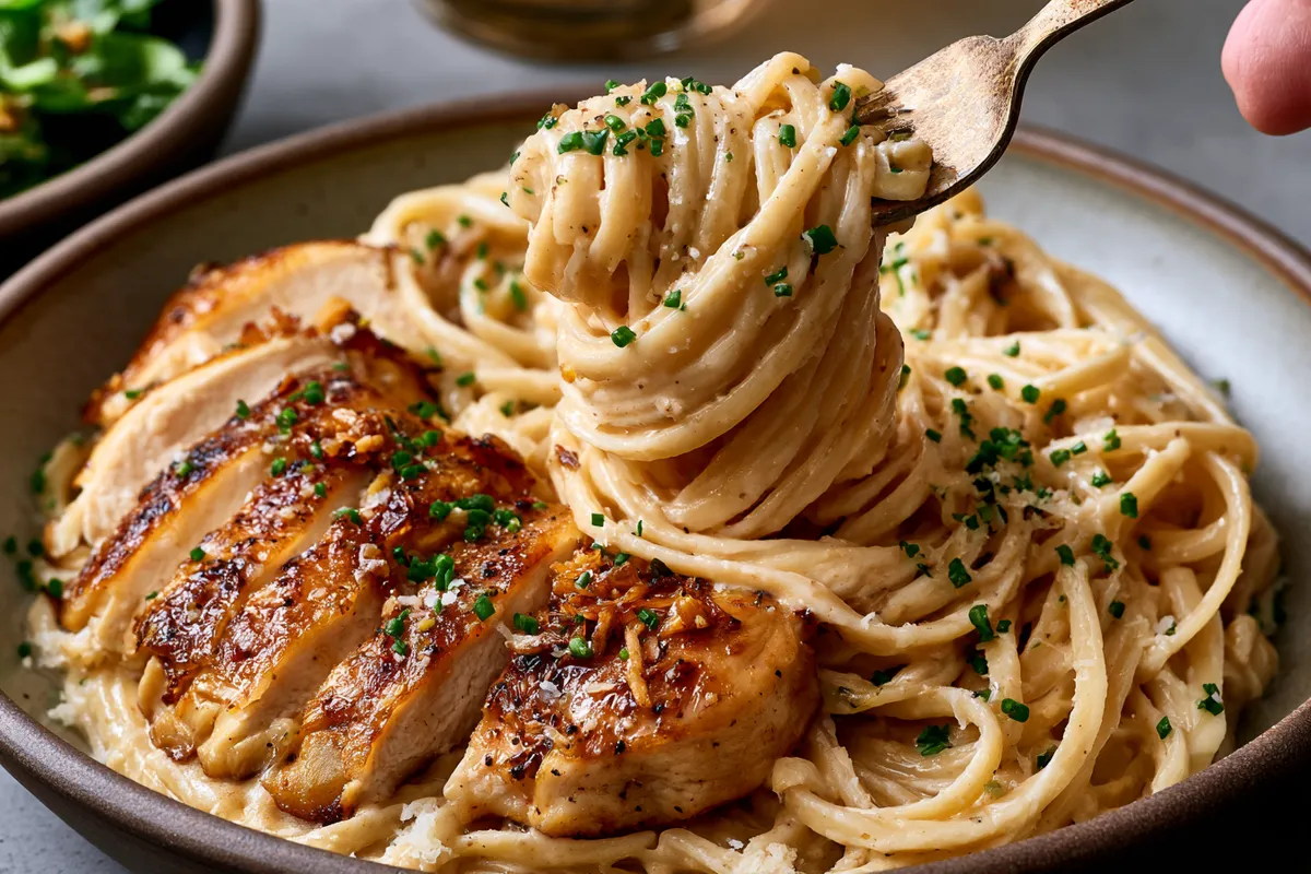 Creamy Garlic Alfredo Chicken Pasta Recipe 4 A table-level serving scene of garlic alfredo chicken pasta being twirled with a fork from a shallow bowl, showing creamy Parmesan-coated pasta, sliced golden garlic chicken, chives, and a small side salad