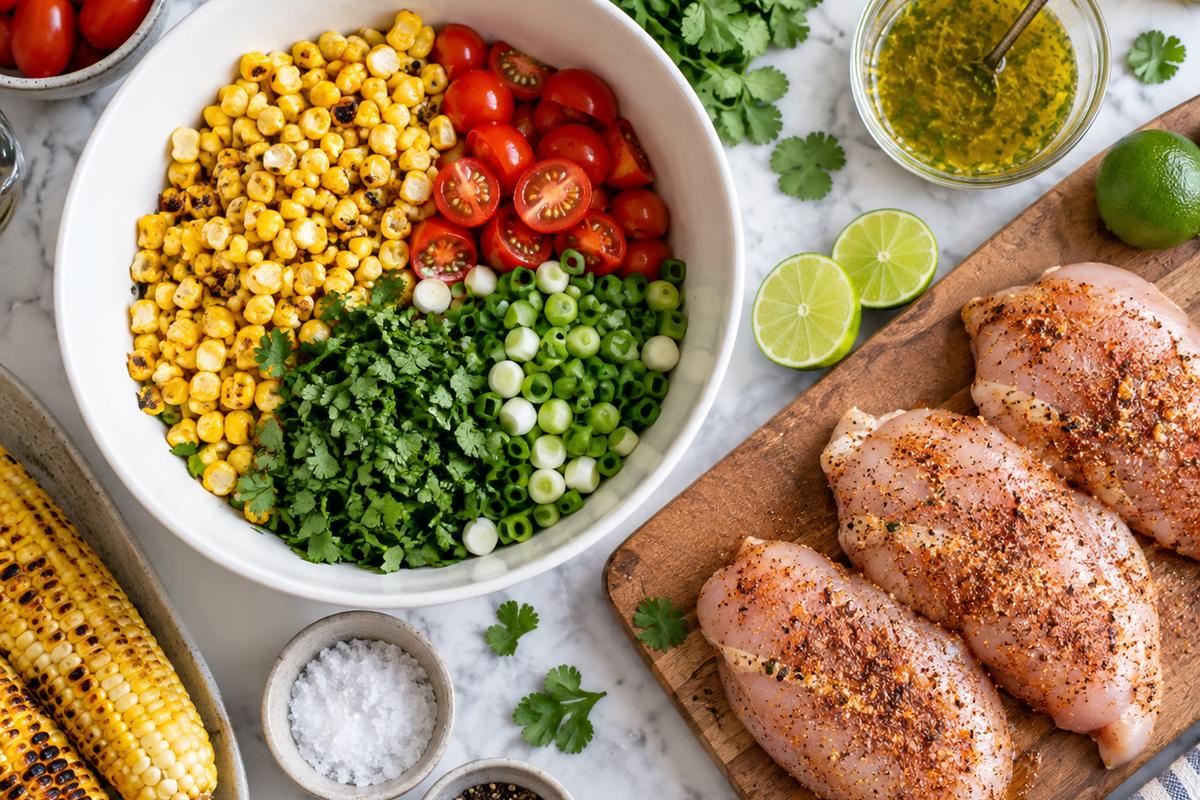 Grilled Chicken Corn Summer Salad with Lime and Cilantro 2 Overhead view of grilled chicken corn summer salad at the prep stage, showing a bowl of corn, tomatoes, scallions, cilantro, and lime dressing beside seasoned raw chicken on a cutting board