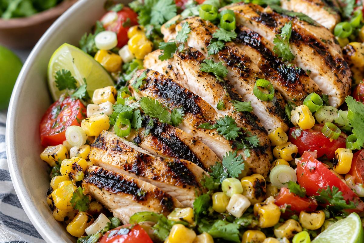 Grilled Chicken Corn Summer Salad with Lime and Cilantro 3 Close-up of grilled chicken corn summer salad being assembled, with sliced grilled chicken showing dark grill marks placed over a colorful corn, tomato, cilantro, and scallion salad