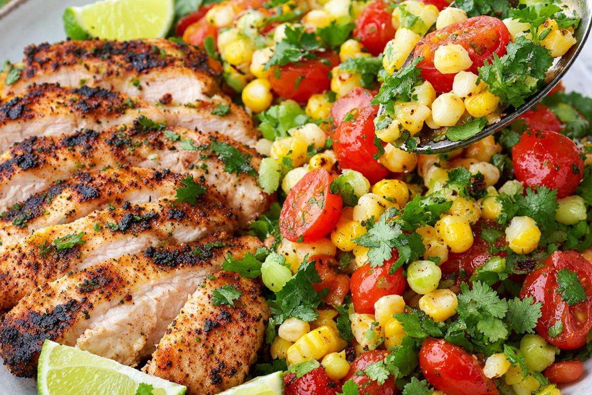 Grilled Chicken Corn Summer Salad with Lime and Cilantro 4 Grilled chicken corn summer salad plated for dinner, with a serving spoon lifting corn, tomato, cilantro, and scallion salad beside sliced lime-spiced grilled chicken and fresh lime wedges
