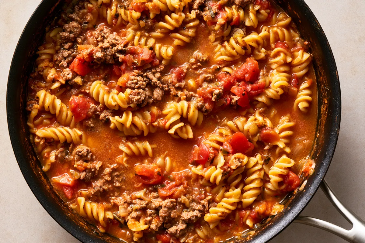 Ground beef dinner ideas dinners during cooking, showing browned taco-seasoned ground beef, rotini, tomatoes, salsa, and broth simmering together in a deep black skillet, viewed from above