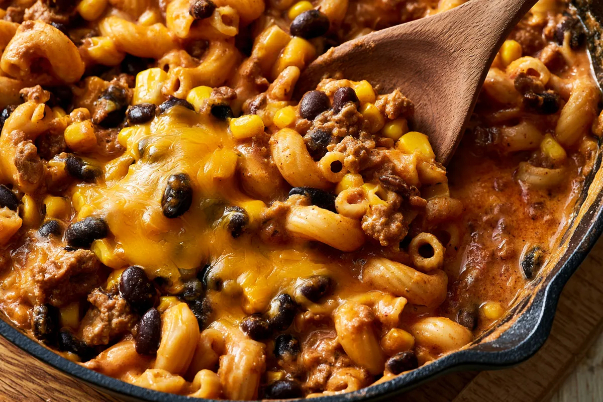 Ground beef dinner ideas dinners near the end of cooking, with black beans, corn, and melted cheddar folded into saucy taco pasta and ground beef in a skillet, close overhead view