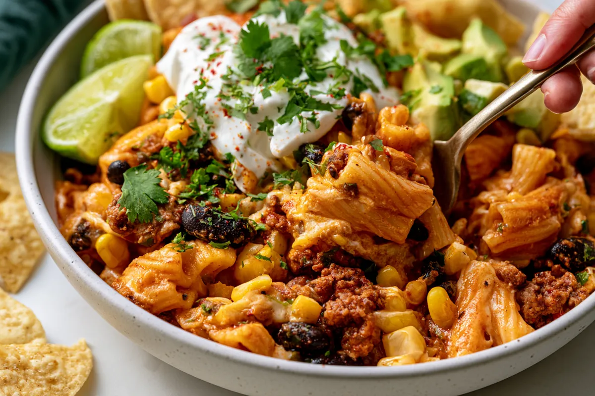 Ground beef dinner ideas dinners plated in a shallow bowl, featuring cheesy taco pasta with seasoned ground beef, black beans, corn, avocado, sour cream, cilantro, lime, and tortilla chips being served with a spoon