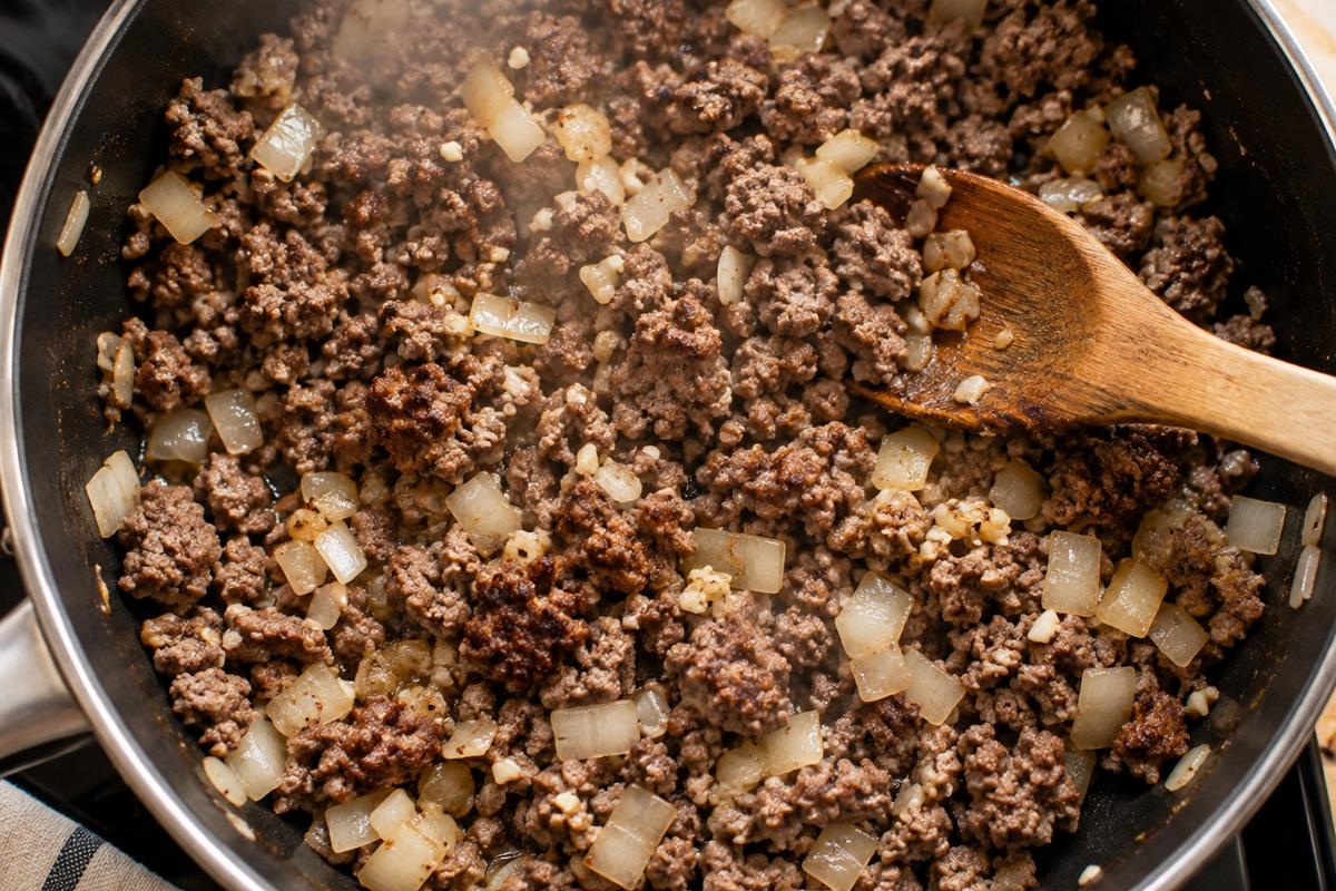 Ground Beef Pasta Casserole Recipes: Cheesy Tortellini Bake 2 Close overhead cooking scene for a ground beef pasta casserole recipe, showing browned crumbled ground beef and softened diced onion with minced garlic in a large skillet, wooden spoon resting in the pan