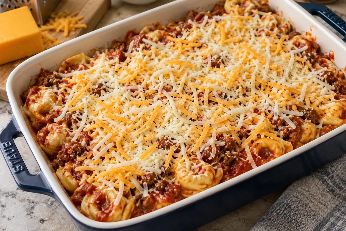 Ground Beef Pasta Casserole Recipes: Cheesy Tortellini Bake 3 Mid-bake preparation of a ground beef pasta casserole recipe in a 9-by-13-inch ceramic dish, saucy cheese tortellini and ground beef covered evenly with shredded mozzarella and cheddar before it goes into the oven