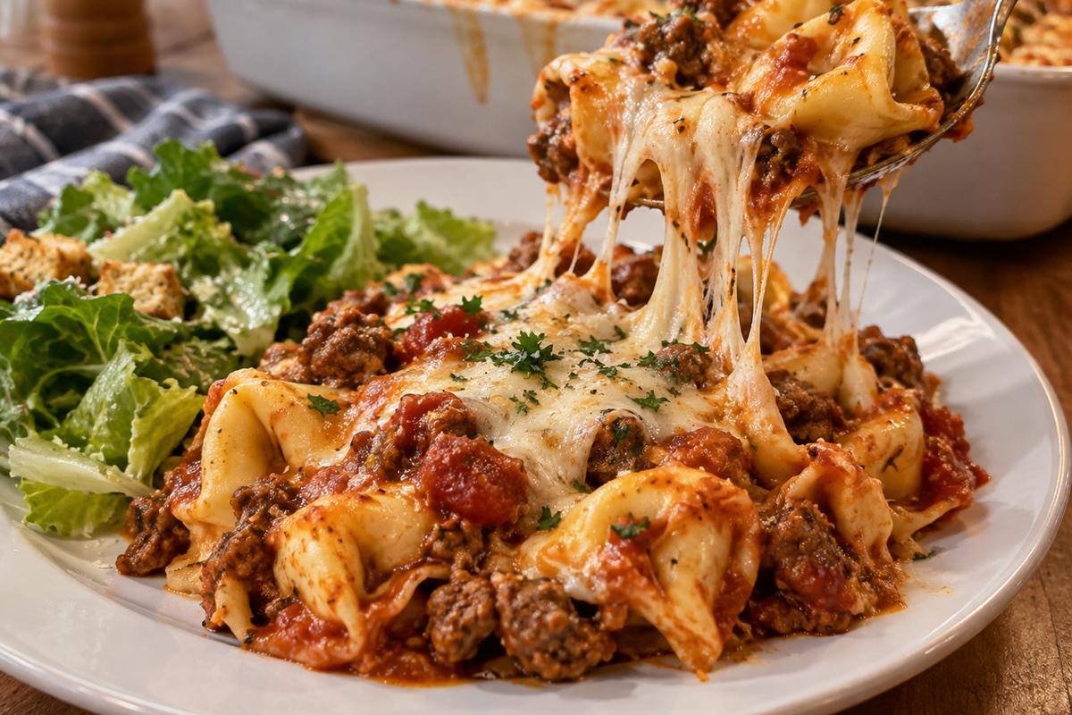 Ground Beef Pasta Casserole Recipes: Cheesy Tortellini Bake 4 Plated serving of a ground beef pasta casserole recipe, with a scoop of cheesy beef tortellini casserole on a white dinner plate, melted cheese stretching from the serving spoon, parsley garnish, and a simple green salad beside it