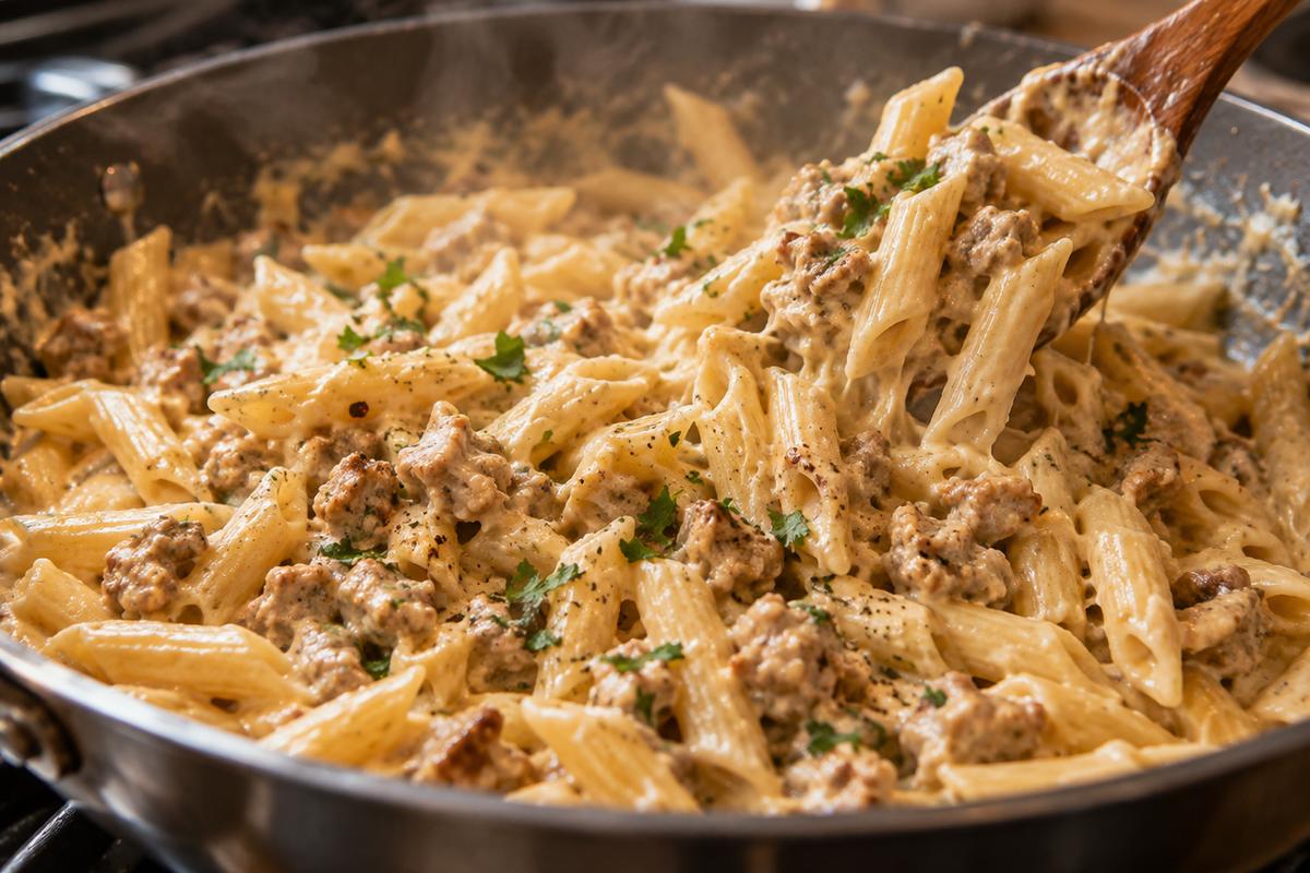 Delicious Ground Chicken Pasta Recipes You’ll Love 3 The creamy ground chicken pasta being tossed in the skillet with the sauce.