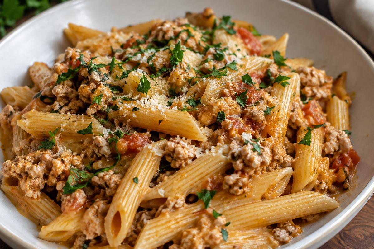 Delicious Ground Chicken Pasta Recipes You’ll Love 4 The finished plate of ground chicken pasta garnished with parsley and looking appetizing.
