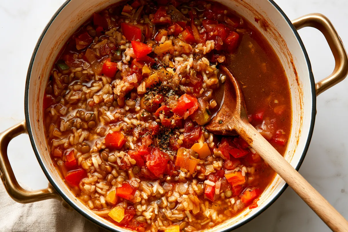 Healthy Cheap Family Dinners: One-Pot Lentil Taco Rice 2 Healthy cheap family dinners one-pot lentil taco rice in a deep skillet after broth, tomatoes, dry lentils, and rice are stirred together, with colorful peppers and taco spices visible