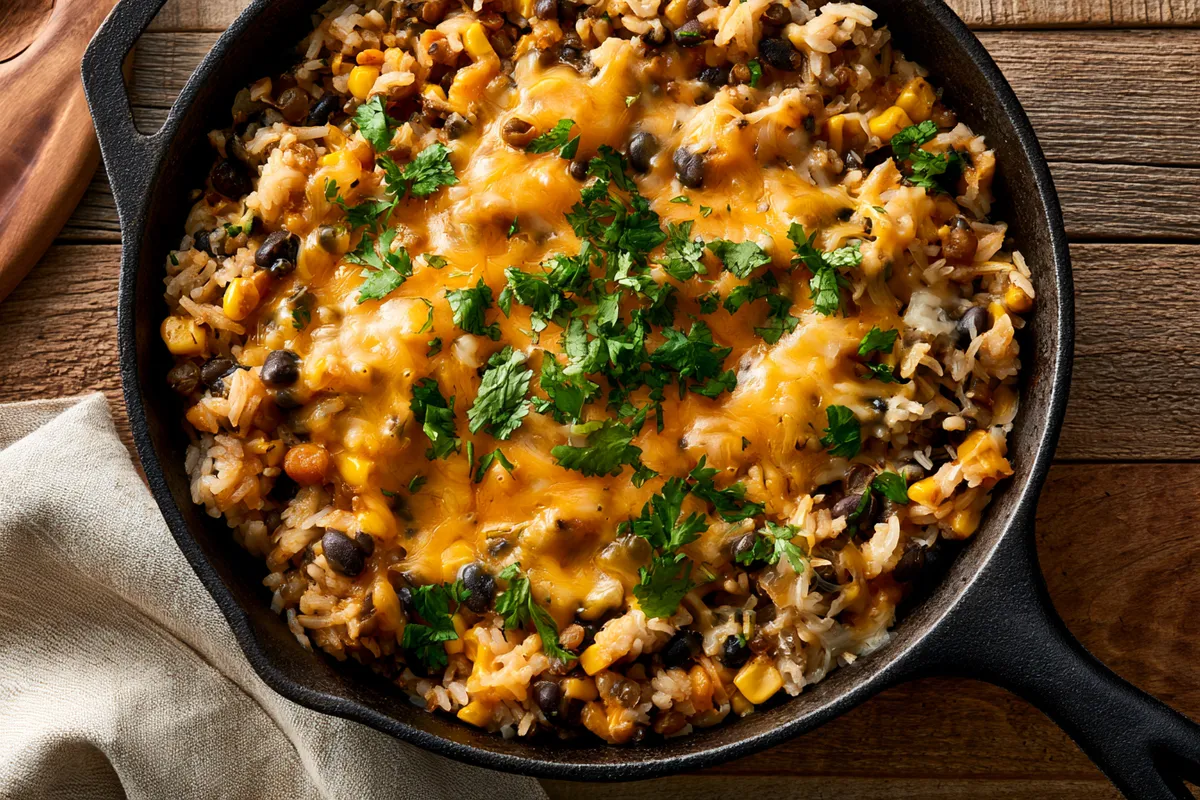 Healthy Cheap Family Dinners: One-Pot Lentil Taco Rice 3 Healthy cheap family dinners lentil taco rice skillet resting with melted cheddar over tender lentils, black beans, corn, and fluffy rice, viewed from above