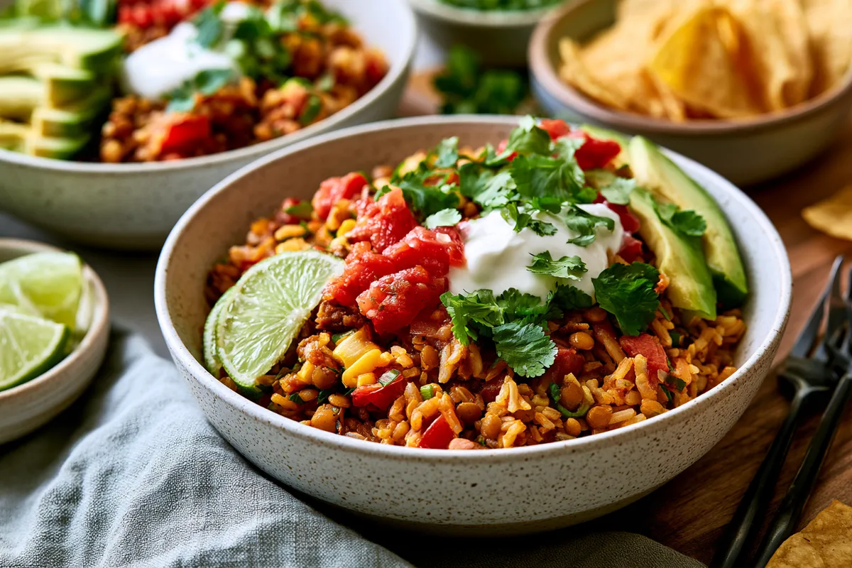 Healthy Cheap Family Dinners: One-Pot Lentil Taco Rice 4 A family-style serving of healthy cheap family dinners featuring lentil taco rice in colorful bowls with lime wedges, avocado, yogurt, cilantro, and tortilla chips ready at the table