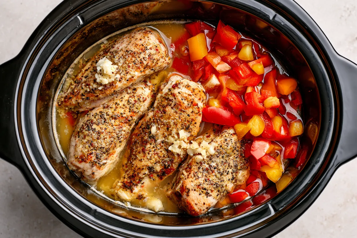 Lemony Chicken Quinoa: Healthy Dinner Recipes Crockpot Clean Eating 2 Overhead view inside a slow cooker showing seasoned chicken breasts, minced garlic, lemon juice, chicken broth, and colorful chopped bell peppers being prepared for healthy dinner recipes crockpot clean eating