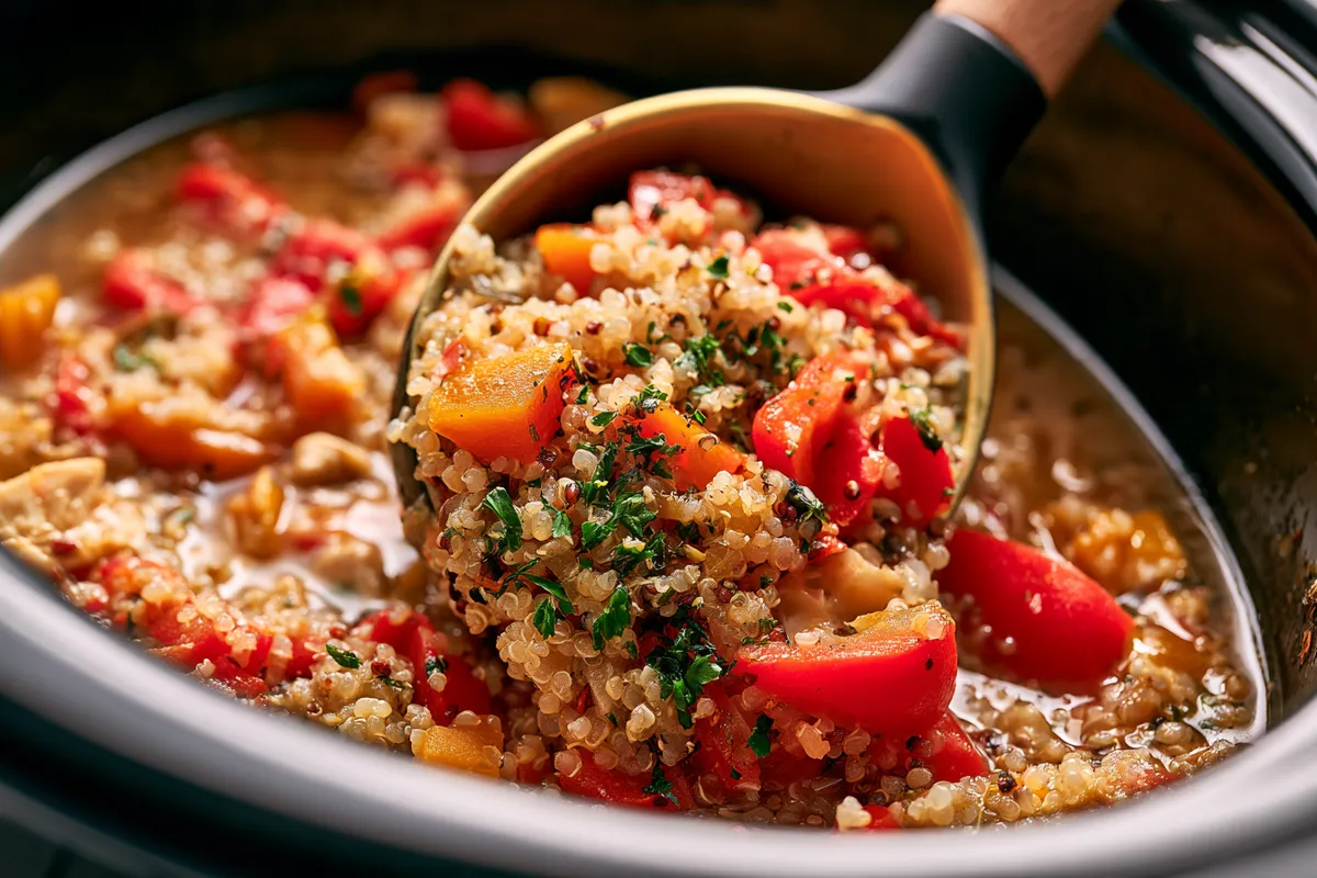 Lemony Chicken Quinoa: Healthy Dinner Recipes Crockpot Clean Eating 3 Close view of rinsed quinoa stirred into the flavorful cooking liquid and tender bell peppers in a crockpot for healthy dinner recipes crockpot clean eating