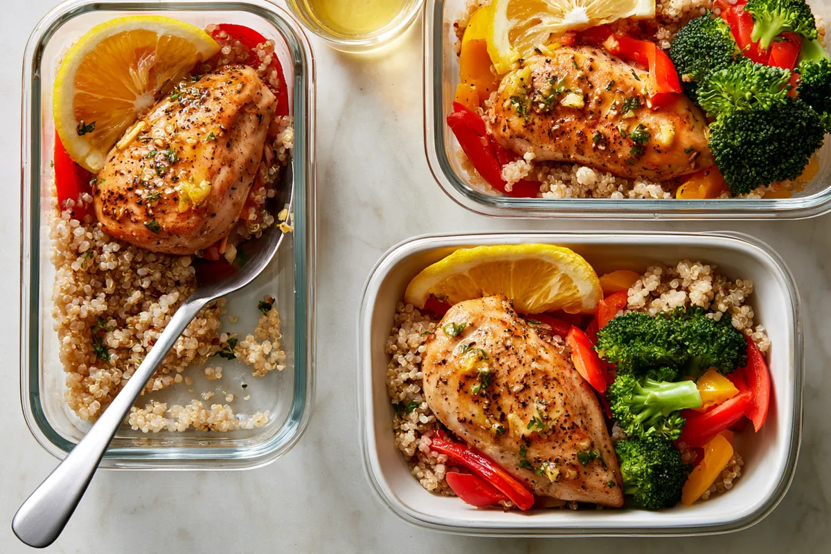 Lemony Chicken Quinoa: Healthy Dinner Recipes Crockpot Clean Eating 4 A spoon serving lemon-garlic chicken, quinoa, broccoli, and bell peppers into meal-prep containers beside a finished bowl of healthy dinner recipes crockpot clean eating