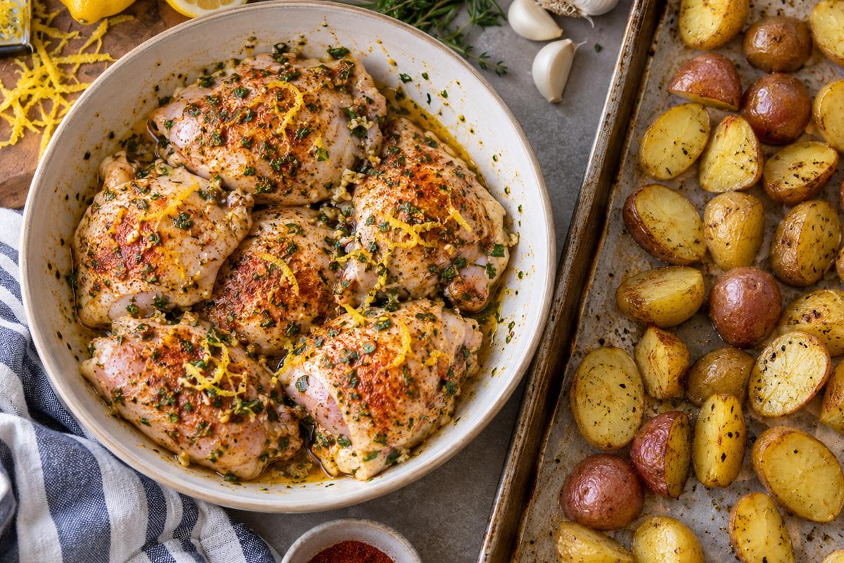 Overhead view of healthy dinner recipes family lemon herb chicken thighs coated in garlic, lemon zest, paprika, and herbs in a bowl beside a sheet pan of partially roasted baby potatoes