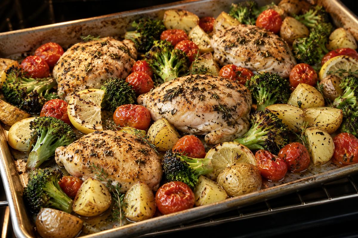 A sheet pan of healthy dinner recipes family lemon herb chicken halfway through roasting, with golden potatoes, bright broccoli, and blistering cherry tomatoes surrounding the chicken