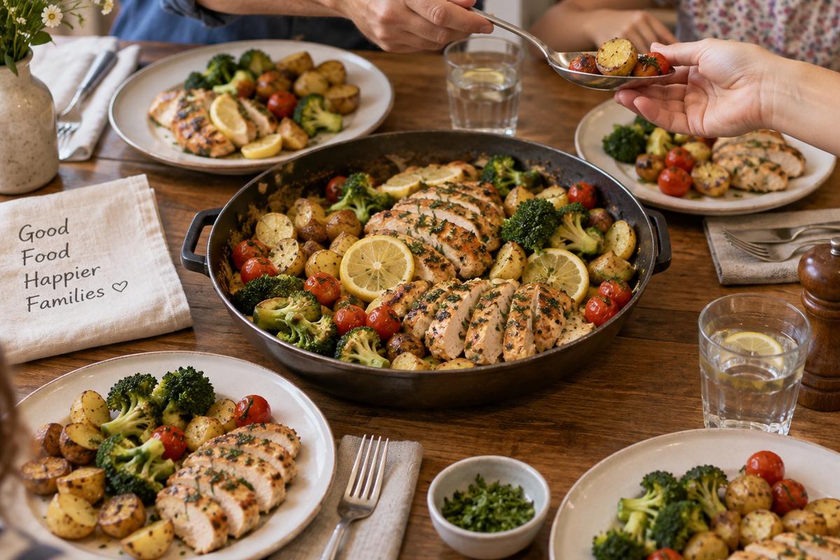 Healthy dinner recipes family served at the table, with sliced lemon herb chicken, roasted potatoes, broccoli and tomatoes divided onto four simple plates as hands pass a serving spoon