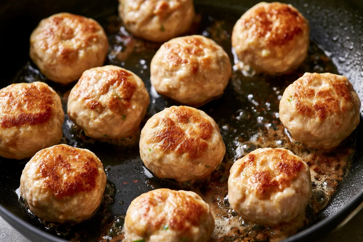 Creamy Chicken Meatballs: Healthy Fall Recipes Dinner Crockpot 2 Close view of browned ground chicken meatballs in a skillet, their centers still uncooked, prepared for creamy spinach artichoke healthy fall recipes dinner crockpot