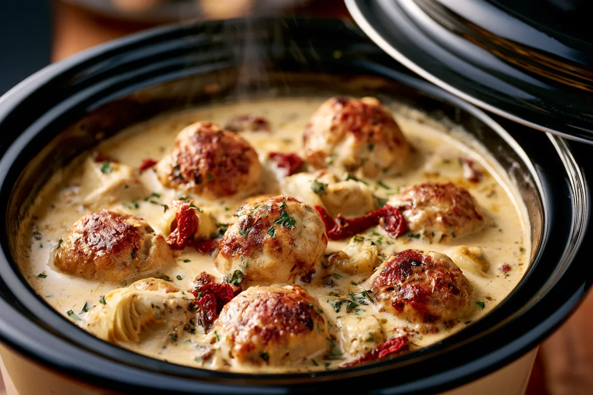 Creamy Chicken Meatballs: Healthy Fall Recipes Dinner Crockpot 3 Crockpot filled with creamy sauce, browned chicken meatballs, chopped artichokes and sun-dried tomatoes during the healthy fall recipes dinner crockpot cooking step, lid lifted with gentle steam