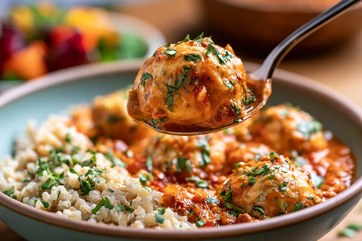 Creamy Chicken Meatballs: Healthy Fall Recipes Dinner Crockpot 4 A spoon serving creamy chicken spinach artichoke meatballs and sun-dried tomato sauce over brown rice, styled as a healthy fall recipes dinner crockpot dinner with a small autumn salad