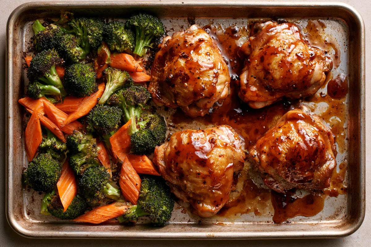 High Fiber Chicken Recipes: Teriyaki Chicken Black Bean Bowls 2 A close overhead cooking view of high fiber chicken recipes on a sheet pan, showing chicken thighs brushed with glossy teriyaki sauce beside broccoli florets and diagonal carrot slices halfway through roasting